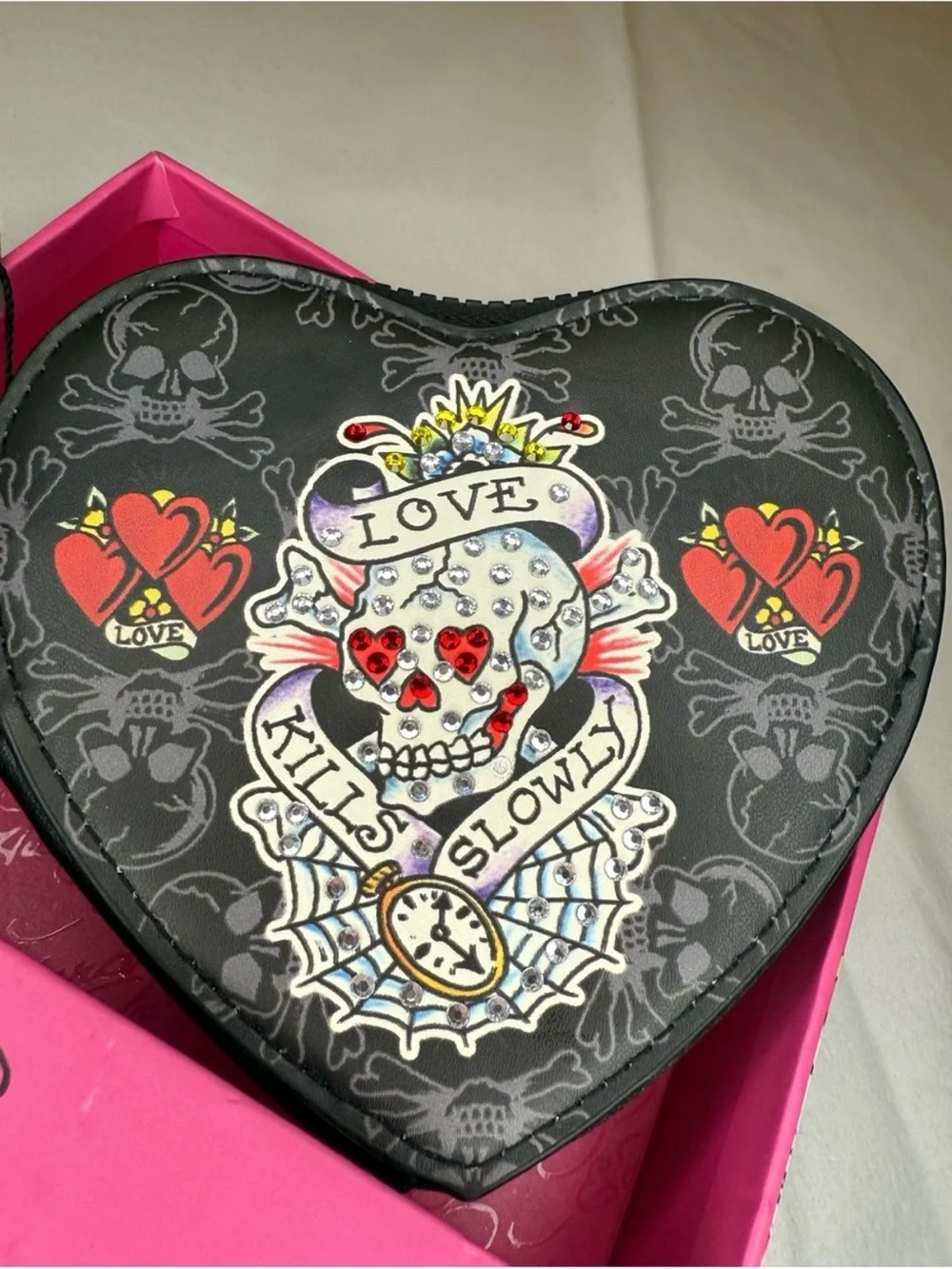 Ed Hardy Love Kills Slowly Heart Coin Purse Gift Box NWT Y2K Tattoo Heart Alt